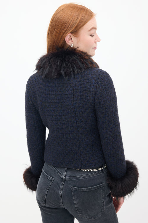 Chanel FW 2000 Navy & Brown Tweed & Fur Trim Jacket