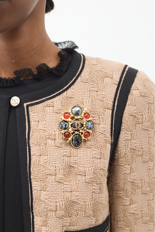 Chanel FW 2001 Gold & Multi Stone Embellished CC Brooch