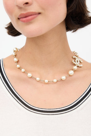 Chanel F/W 2013 Gold Faux Pearl Logo Necklace