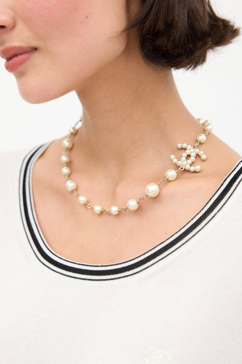 Chanel F/W 2013 Gold Faux Pearl Logo Necklace