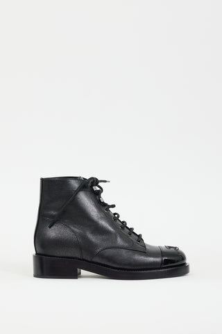 Chanel FW 2020 Black Sparkly Leather CC Combat Boot