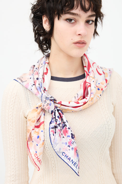 Chanel Silk Camelia Print Scarf