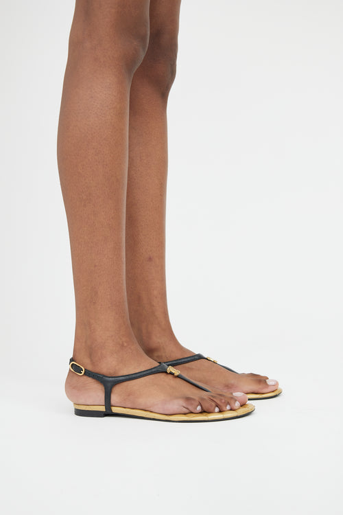 Chanel Gold & Black Leather T-Strap Logo Sandal