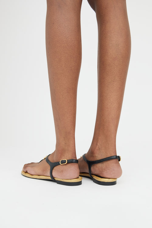 Chanel Gold & Black Leather T-Strap Logo Sandal