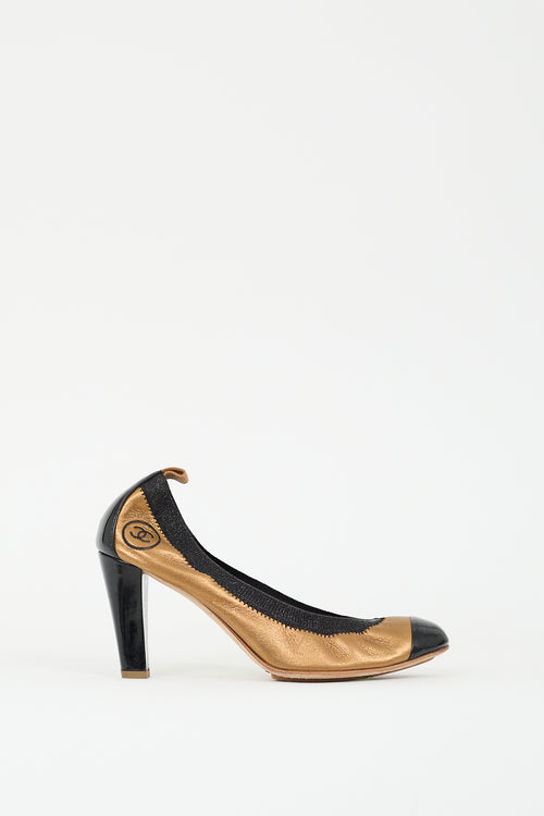 Chanel Gold & Black Leather CC Stretch Pump