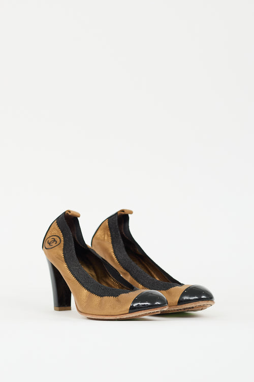 Chanel Gold & Black Leather CC Stretch Pump