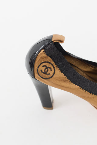 Chanel Gold & Black Leather CC Stretch Pump