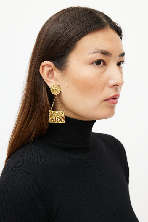 Chanel Gold Flap Pendant Drop Earring