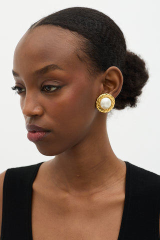 Chanel Vintage Gold Plated & Faux Pearl Clip On Earrings