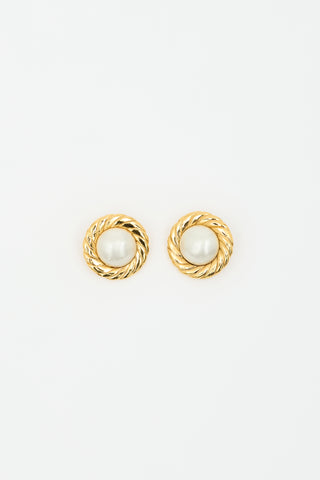 Chanel Vintage Gold Plated & Faux Pearl Clip On Earrings