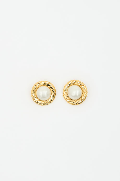 Chanel Vintage Gold Plated & Faux Pearl Clip On Earrings