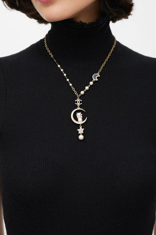Chanel Gold Pearl Moon Cat Drop Necklace