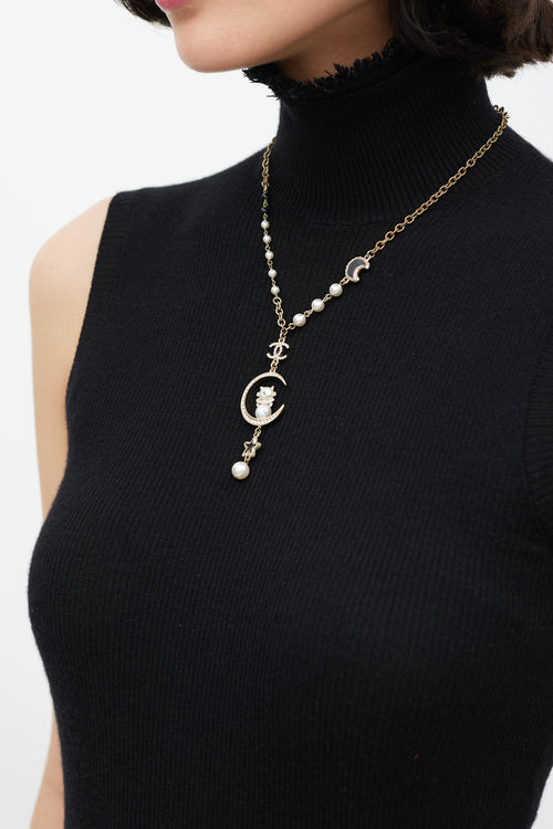 Chanel Gold Pearl Moon Cat Drop Necklace