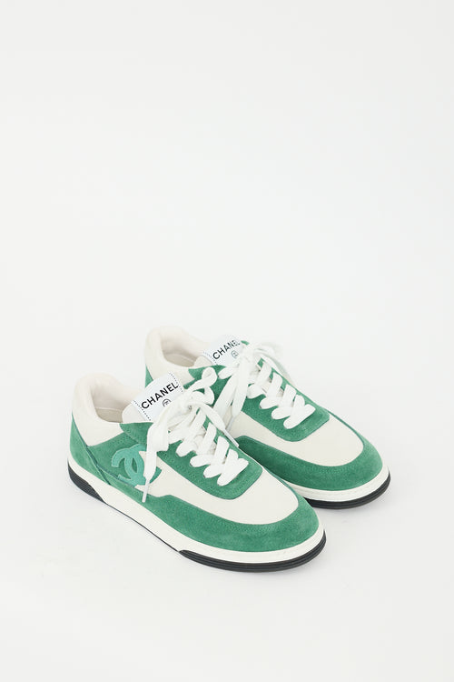 Chanel Green & White Suede CC Low Top Sneaker