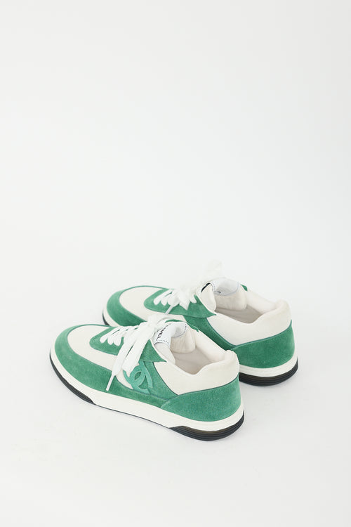 Chanel Green & White Suede CC Low Top Sneaker