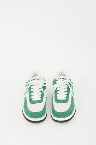 Chanel Green & White Suede CC Low Top Sneaker