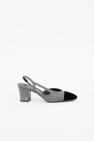 Chanel Black & Grey Velvet Cap Toe Heel