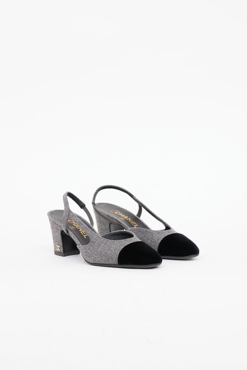 Chanel Black & Grey Velvet Cap Toe Heel