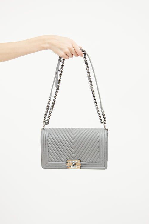 Chanel Grey Chevron Silver chain Medium Boy Bag