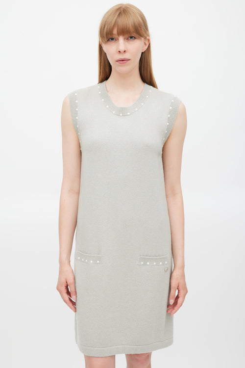 Chanel Grey Cotton & Cashmere Pearl Trimmed Dress