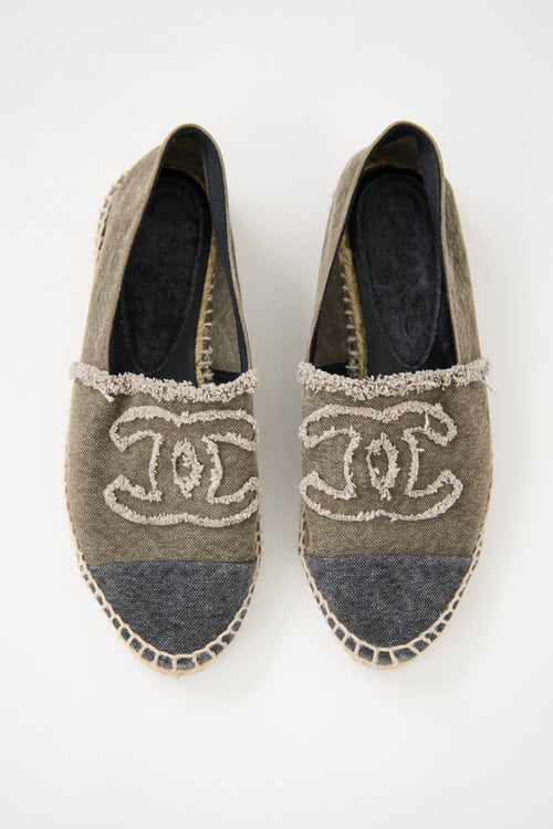 Chanel Green & Navy Canvas CC Espadrille