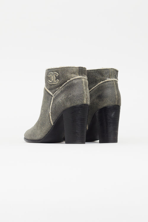 Chanel Grey Distressed Leather Shearling Ankle Boot