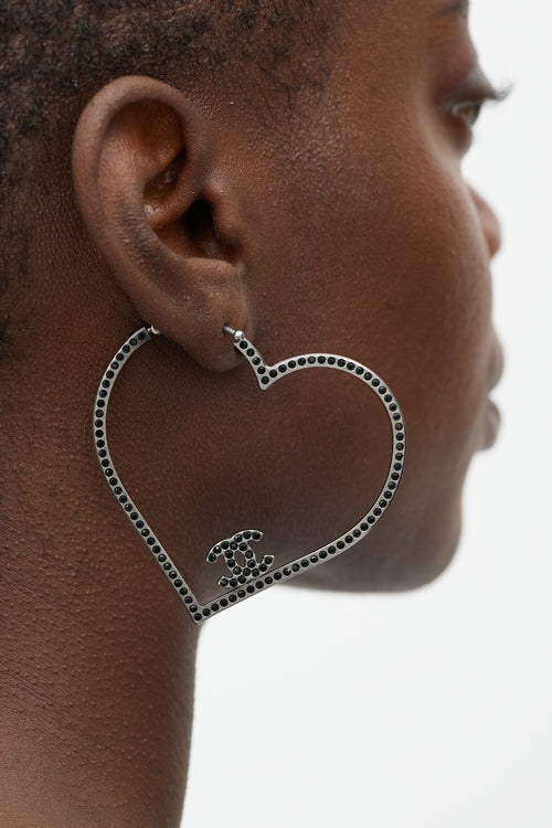 Chanel Gunmetal & Black Gem CC Heart Earring