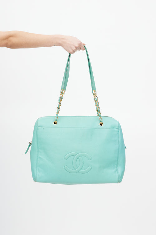 Chanel Late 1990s Turquoise Leather CC Tote Bag