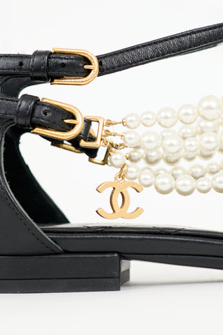 Chanel Leather Faux Pearl CC Sandal