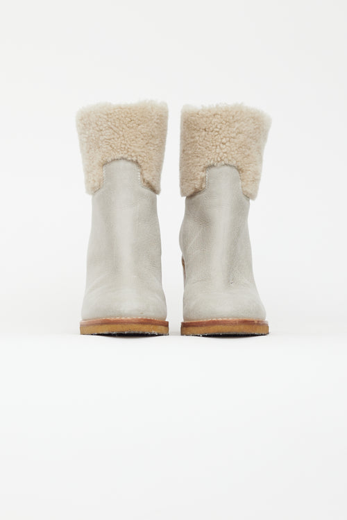Chanel Light Grey Leather & Shearling Heeled Boot