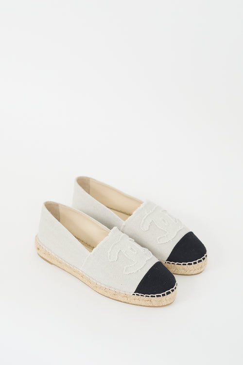 Chanel Light Grey & Black Canvas CC Espadrille Flat