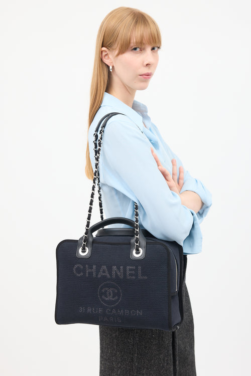 Chanel Navy & Black Canvas Deauville Two Way Chain Bowling Bag