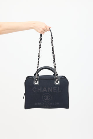 Chanel Navy & Black Canvas Deauville Two Way Chain Bowling Bag