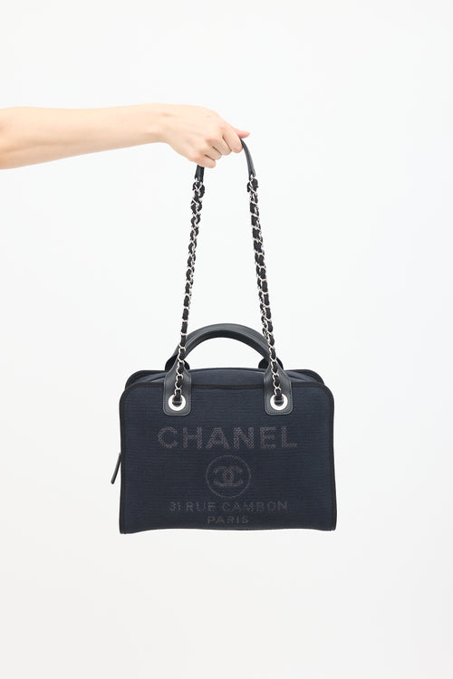 Chanel Navy & Black Canvas Deauville Two Way Chain Bowling Bag