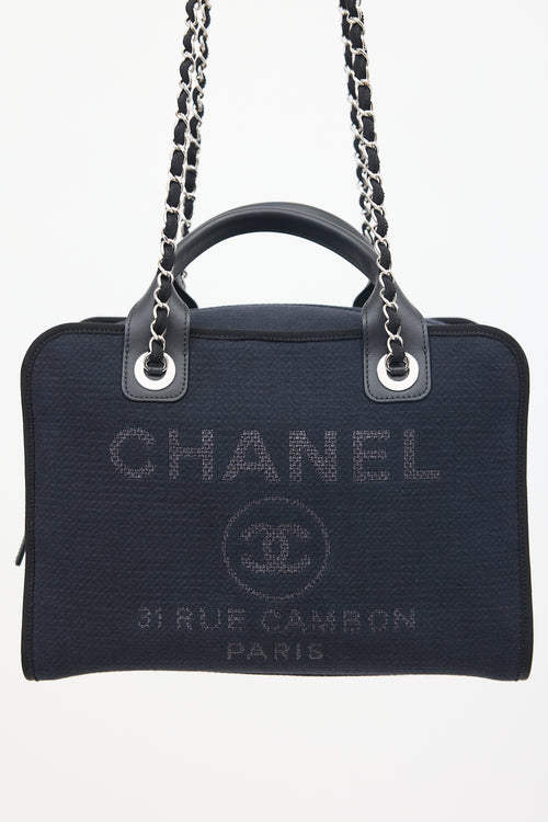 Chanel Navy & Black Canvas Deauville Two Way Chain Bowling Bag