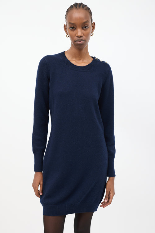 Chanel Navy Cashmere CC Shoulder Sweater Dress