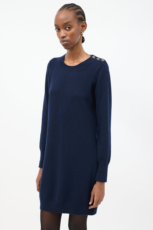 Chanel Navy Cashmere CC Shoulder Sweater Dress