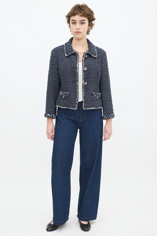 Chanel Navy Cotton Tweed CC Pearl Button Jacket