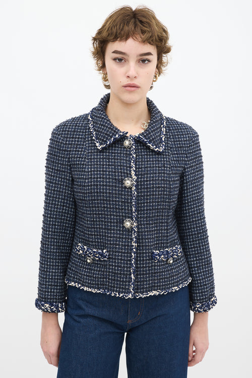 Chanel Navy Cotton Tweed CC Pearl Button Jacket