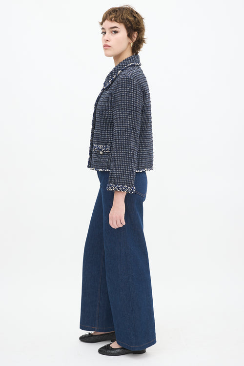 Chanel Navy Cotton Tweed CC Pearl Button Jacket