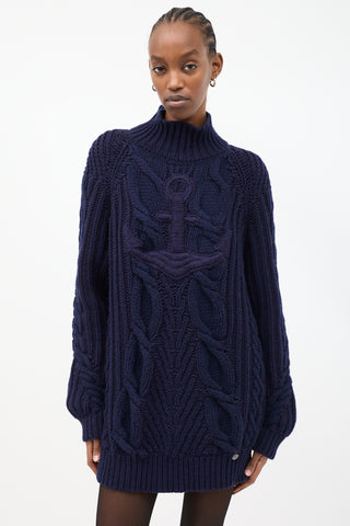 Chanel Navy Knit Embroidered Anchor Mock Neck Sweater