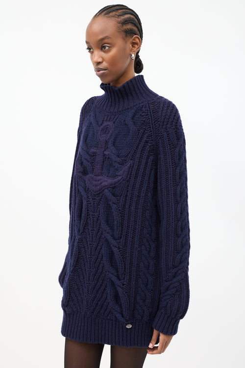 Chanel Navy Knit Embroidered Anchor Mock Neck Sweater