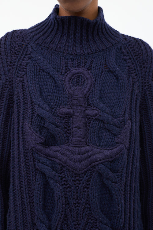 Chanel Navy Knit Embroidered Anchor Mock Neck Sweater