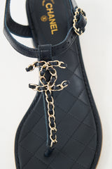 Chanel Navy Braided Leather & Chain CC Sandal