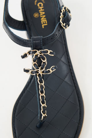Chanel Navy Braided Leather & Chain CC Sandal