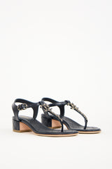 Chanel Navy Braided Leather & Chain CC Sandal