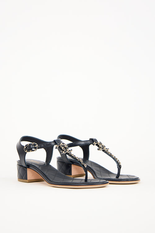 Chanel Navy Braided Leather & Chain CC Sandal