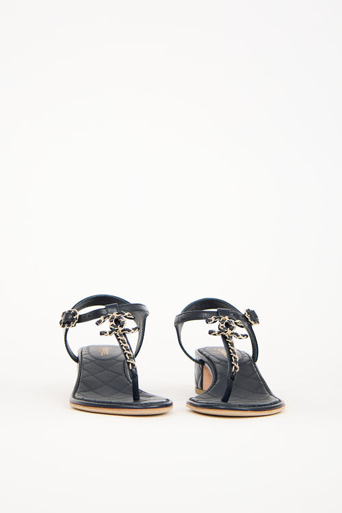 Chanel Navy Braided Leather & Chain CC Sandal