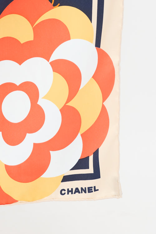 Chanel Navy & Multicolour Silk CC Camellia Printed Scarf