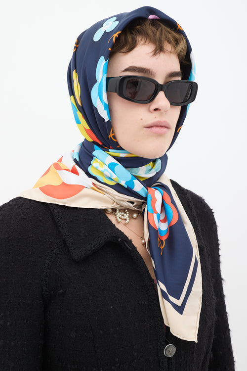 Chanel Navy & Multicolour Silk CC Camellia Printed Scarf